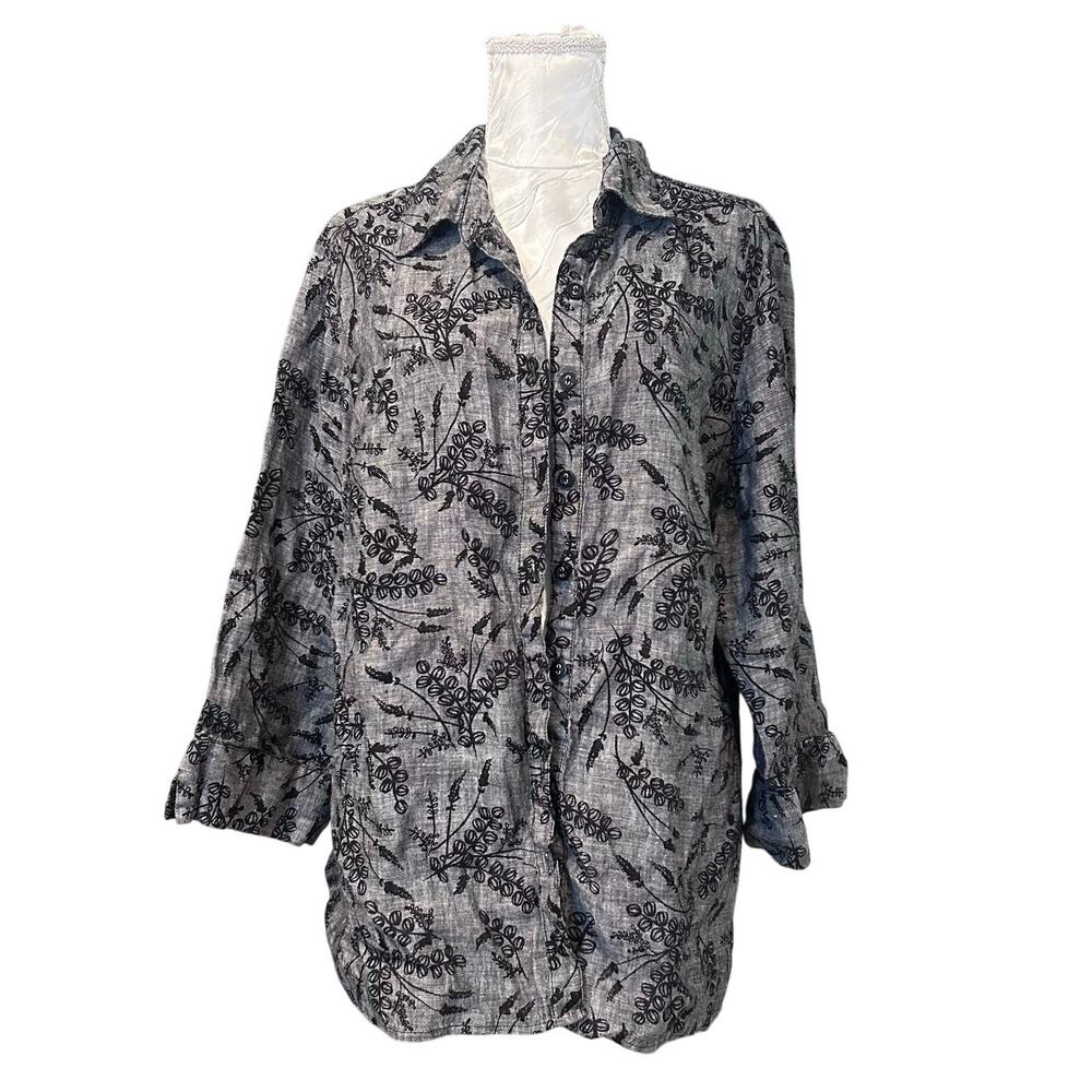 JM Collection Gray Linen Black Embroidered Floral Button Shirt Cottagecore 18W - Picture 2 of 16